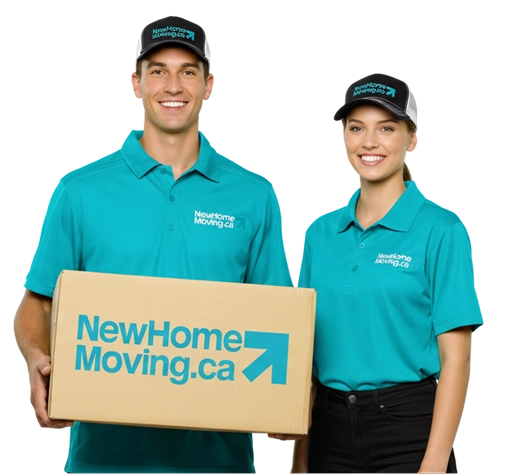 Two professional movers from New Home Moving in Surrey BC holding a branded box with the company logo